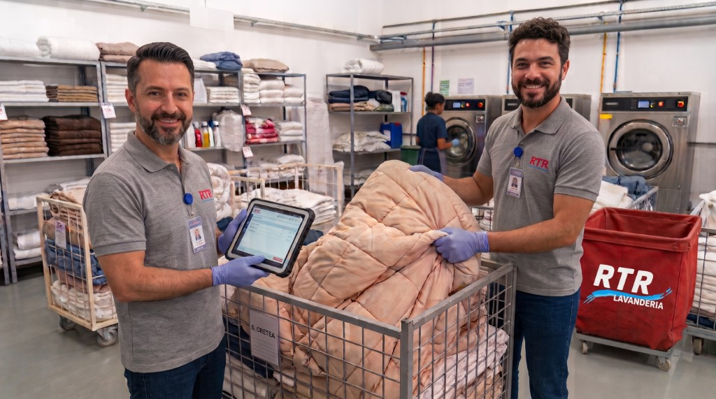 Equipe RTR na coleta com tablet e carrinho de peças